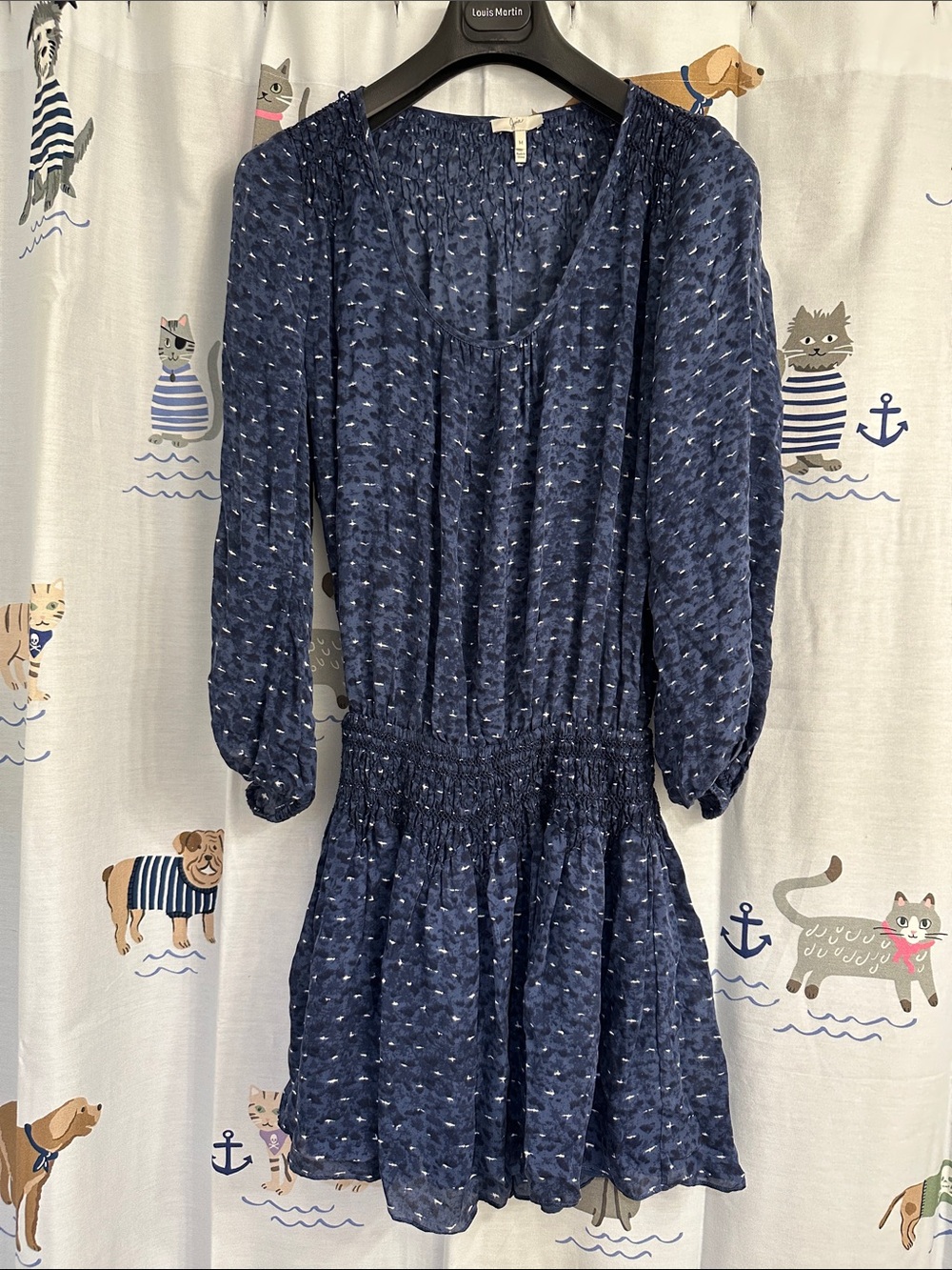 Joie Navy Blue Printed Smocked-Waist Long Sleeve Dress